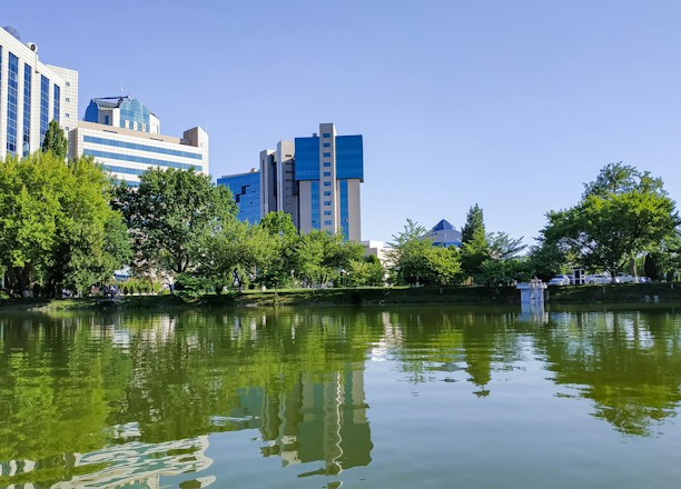 Modern buildings with blue-tinted glass windows rise behind a lush line of green trees. A tranquil pond in the foreground reflects the structures and vegetation, suggesting a harmony between urban development and nature.