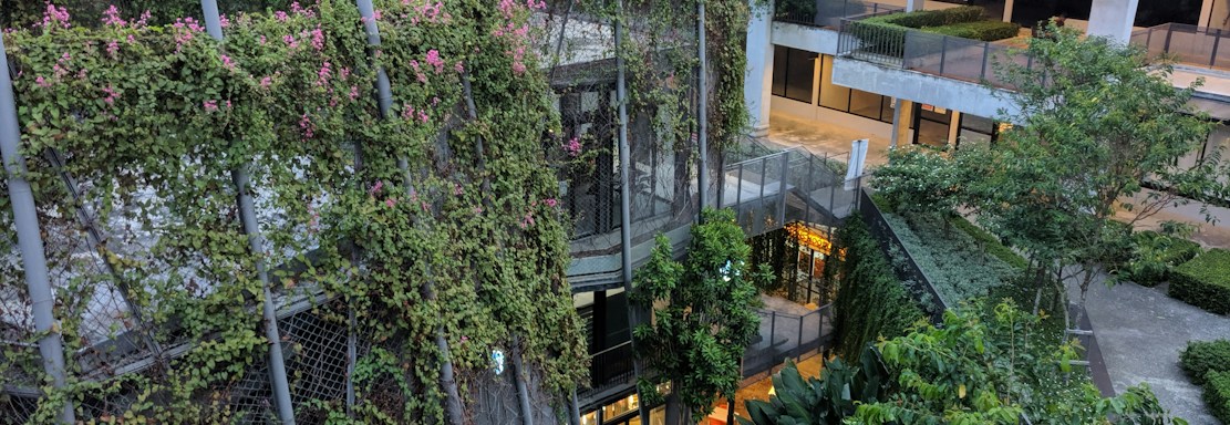 An urban environment featuring a multi-story building partially covered with lush green plants and ivy. The building has a modern architectural style with a blending of nature and structure. Walkways and balconies are visible, alongside trees and other vegetation in surrounding areas. The upper section of the building has a red-tiled roof with skylights.